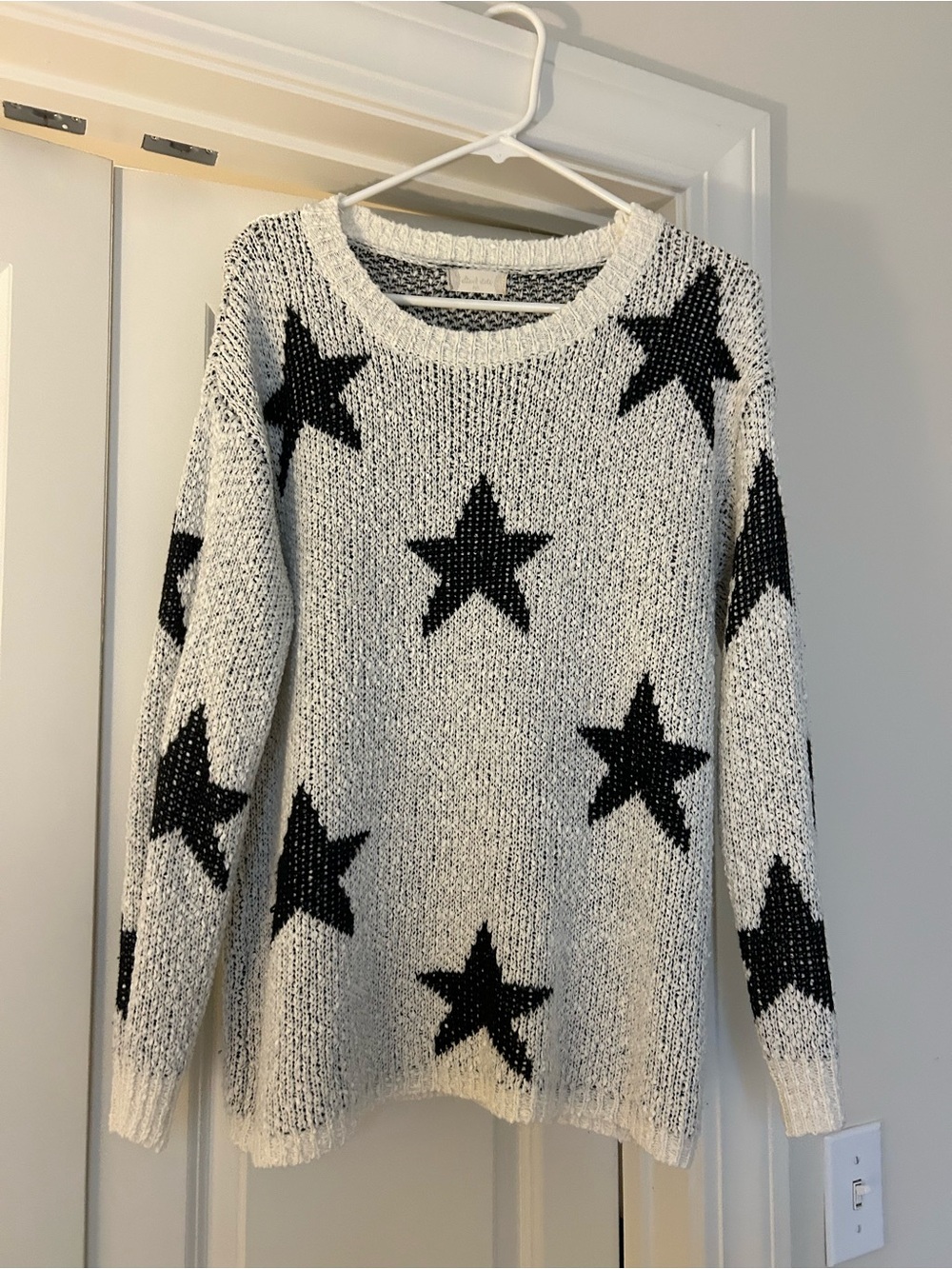 Altar'd State White Knit Crewneck Sweater with Black Star Print